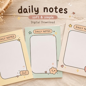 May include: Three pastel-colored Daily Notes pads with rounded corners. Each pad has a white interior and a decorative border with the words "DAILY NOTES" at the top. The pads are decorated with cute illustrations.