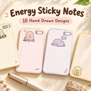 Original hand-drawn energy sticky note designs displayed on a warm cream desk with the headline Energy Sticky Notes and a caption noting 10 designs.
