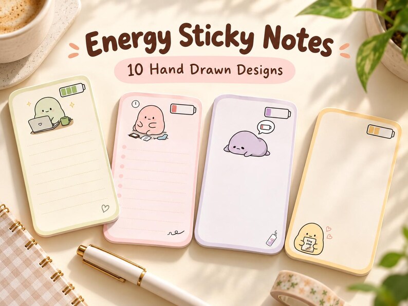 Original hand-drawn energy sticky note designs displayed on a warm cream desk with the headline Energy Sticky Notes and a caption noting 10 designs.
