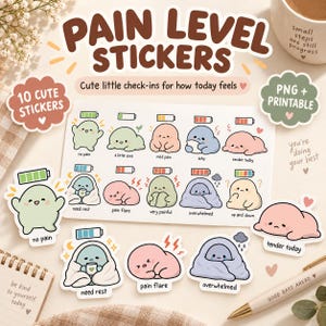 May include: A sticker sheet featuring ten cartoon characters in various colors and poses representing pain levels, with text labels like no pain, a little sore, mild pain, achy, tender today, need rest, pain flare, very painful, overwhelmed, and up and down.