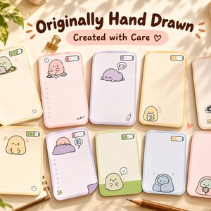 Original hand-drawn energy note artwork with pencil and sketchbook props, communicating that the illustrations were drawn by the creator.