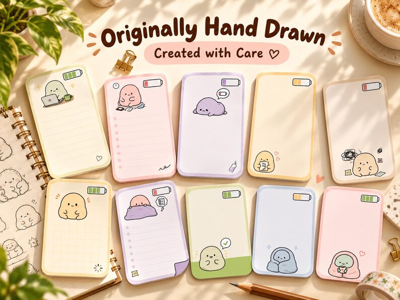 Original hand-drawn energy note artwork with pencil and sketchbook props, communicating that the illustrations were drawn by the creator.