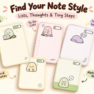 Enlarged original energy note designs showing different spaces for lists and writing, with the heading Find Your Note Style.
