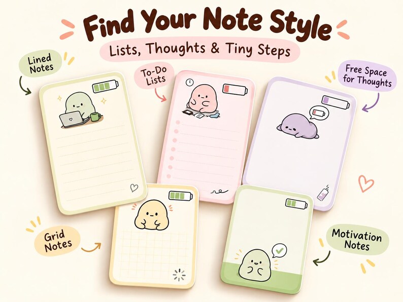 Enlarged original energy note designs showing different spaces for lists and writing, with the heading Find Your Note Style.