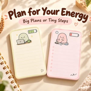 Two original energy note designs beside a journal and tea cup, illustrating flexible planning under the heading Plan for Your Energy.