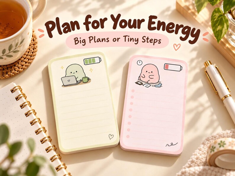 Two original energy note designs beside a journal and tea cup, illustrating flexible planning under the heading Plan for Your Energy.