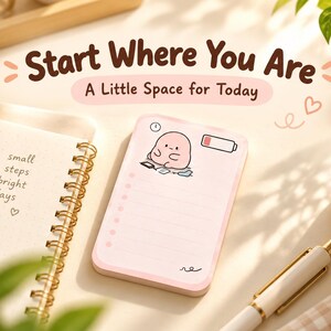One original hand-drawn energy note displayed beside a notebook in gentle morning light with the message Start Where You Are.