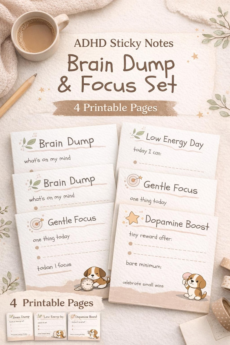 Adhd Note Taking Tips ADHD Sticky Notes Printable – Brain Dump, Low Energy Day & Focus ...