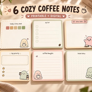 Ausdruckbare Kaffee-Haftnotizen, 6 gemütliche digitale Planer-Notizen, PDF- und PNG-Download