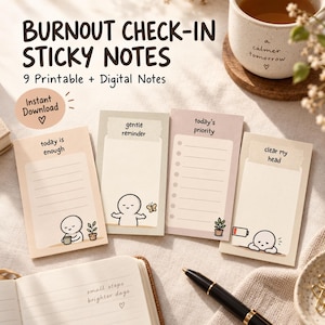 Könnte beinhalten: Vier rechteckige Haftnotizen mit pastellfarbenen Hintergründen und Zeichentrickfiguren. Der Text umfasst "BURNOUT CHECK-IN STICKY NOTES", "today is enough", "gentle reminder", "today's priority" und "clear my head". Jede Notiz zeigt einfache Strichzeichnungen.