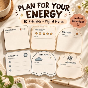 Printable Sticky Notes, Energy Check-In Set of 10, Digital Planner Notes for Focus & Gentle Planning