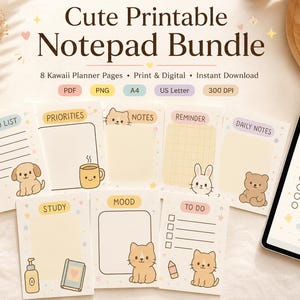 Puede incluir: Un paquete de blocs de notas digitales e imprimibles con ocho páginas en colores pastel e ilustraciones de animales. El texto dice Cute Printable Notepad Bundle, 8 Kawaii Planner Pages, Print & Digital, Instant Download, PDF, PNG, A4, US Letter, 300 DPI.