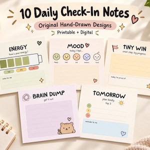 Printable Sticky Notes, 10 Hand Drawn Daily Check In Designs for Mood and Self Care
