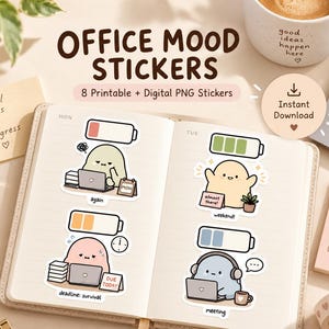 Digital Planner Stickers, Cute Office Mood PNG Pack, Printable Work Planner Stickers, 8 Hand Drawn Workday Stickers