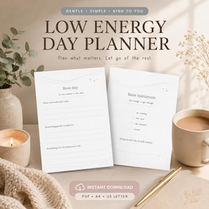 Planificador de baja energía imprimible, hoja de trabajo para la recuperación del agotamiento, lista de verificación para días de descanso y lo mínimo indispensable, PDF de autocuidado apto para personas con TDAH