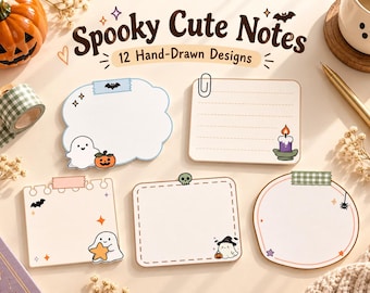 Notas adhesivas de Halloween, 12 notas imprimibles y digitales dibujadas a mano para agenda.