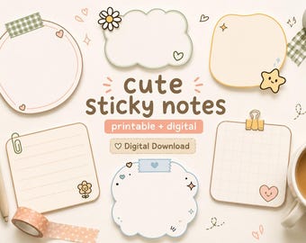 Puede incluir: Una variedad de notas adhesivas lindas en varias formas, incluyendo un círculo, una nube y un cuadrado, con elementos decorativos como corazones y estrellas. Se muestra el texto "cute sticky notes", junto con "printable + digital". También se ven un bolígrafo, cinta adhesiva y una taza de café.