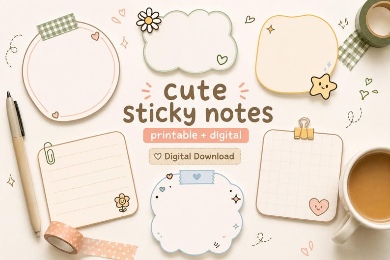 Cozy Kawaii Doodle Sticky Notes – Printable Memo Bundle (digital ...