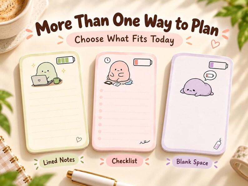 Three original energy note layouts displayed side by side to show different writing and planning options for different days.