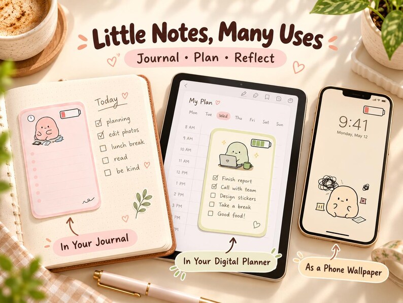 Three ways to use the original energy notes: in a paper journal, in a digital planner and as a compatible phone background.