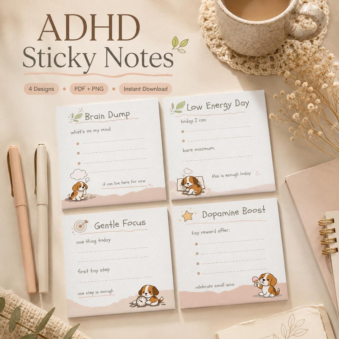 ADHD Sticky Notes Printable, Brain Dump, Low Energy Planner, Gentle ...