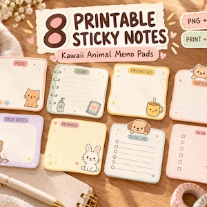 Notas adhesivas imprimibles, 8 blocs de notas con animales kawaii para planificar, estudiar y hacer listas de tareas.