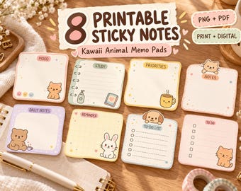 Notas adhesivas imprimibles, 8 blocs de notas con animales kawaii para planificar, estudiar y hacer listas de tareas.