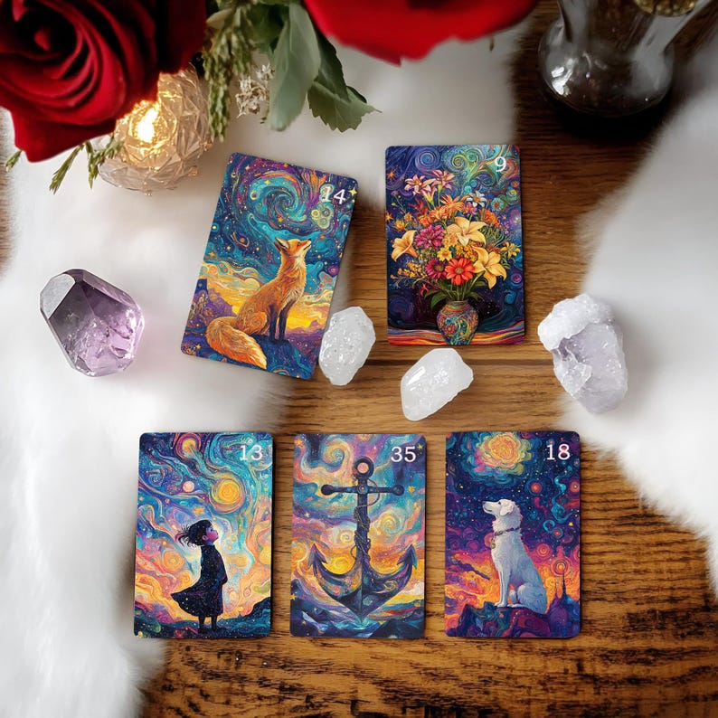 May include: Five tarot cards with colorful, abstract backgrounds and white numbers in the top right corner. The cards are numbered 9, 13, 14, 18, and 35. The cards depict a bouquet of flowers, a girl standing on a cliff, a fox, a dog, and an anchor.