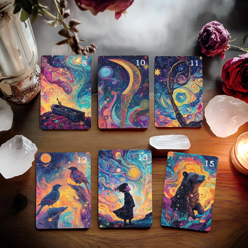 May include: Six colorful tarot cards with numbers 8, 10, 11, 12, 13, and 15 printed on them. The cards feature various images, including a sword, a crescent moon, a staff, two birds, a girl, and a bear.