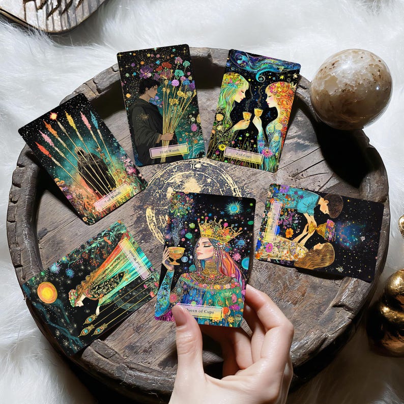 May include: A set of tarot cards with gold foil accents and colourful illustrations. The cards feature images of people, flowers, and other symbols. The cards are laid out on a wooden surface.