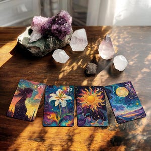 May include: Four tarot cards laid out on a wooden table with crystals and a rock. The cards are numbered 29, 30, 31, and 32. The card numbered 29 depicts a woman with her head turned to the side, the card numbered 30 depicts a white lily, the card numbered 31 depicts a sun, and the card numbered 32 depicts a moon.