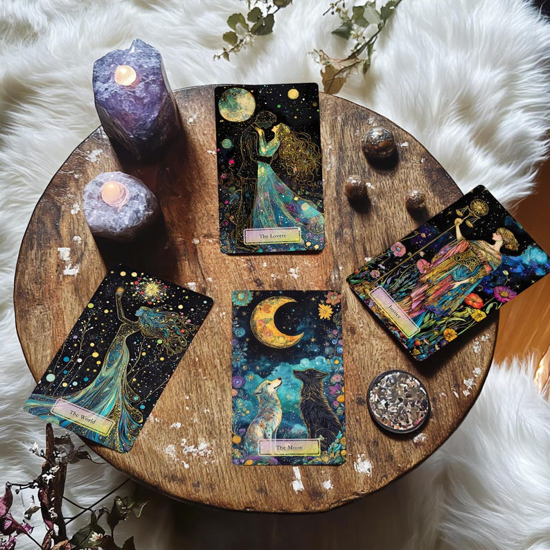 May include: Four tarot cards on a wooden table with candles and stones. The cards are "The Lovers", "The World", "The Moon", and "Justice".