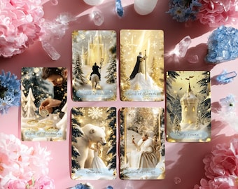 Peut inclure: Plusieurs cartes de tarot avec des illustrations variées, dont un chevalier à cheval, un roi avec une épée et un ours polaire avec une femme. Les cartes sont disposées sur une surface rose avec des bougies et des cristaux.