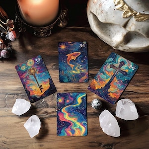 May include: Four tarot cards with colorful, abstract designs and numbers 33, 34, 36. The cards are laid out on a wooden surface with white crystals.