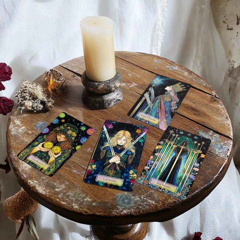 May include: Four tarot cards on a wooden table with a candle in the background. The cards are "Queen of Pentacles", "2 of Swords", "8 of Swords", and "3 of Swords".