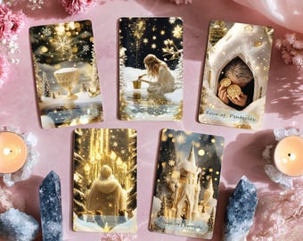 Peut inclure: Cartes de tarot avec des illustrations sur le thème de l'hiver, dont un calice, une figure près de l'eau et un château. Disposées sur une surface rose avec des cristaux, des bougies et des fleurs.