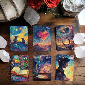 May include: Six colorful tarot cards with a starry night sky background. The cards are numbered 23 through 28. The cards depict a heart, a ring, a book, a bottle, a person, and two mice.