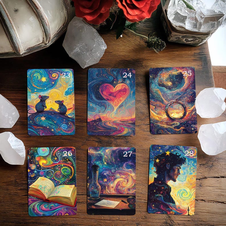 May include: Six colorful tarot cards with a starry night sky background. The cards are numbered 23 through 28. The cards depict a heart, a ring, a book, a bottle, a person, and two mice.