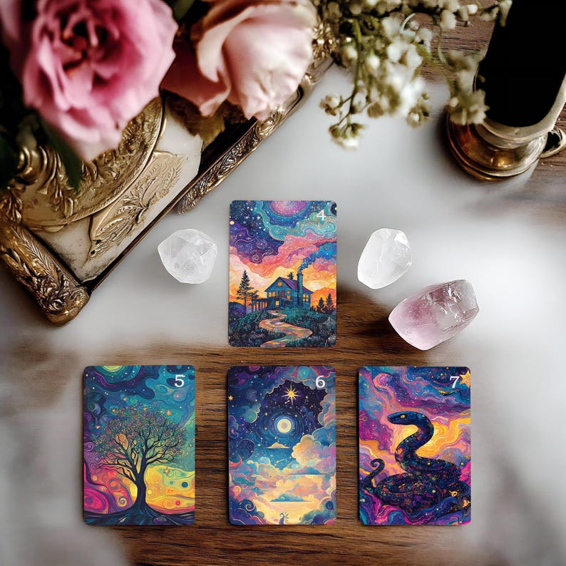 May include: Four colorful tarot cards with numbers 4, 5, 6, and 7 on them. The cards are laid out in a square shape on a wooden surface. The cards feature a variety of imagery, including a house, a tree, a moon, and a snake.