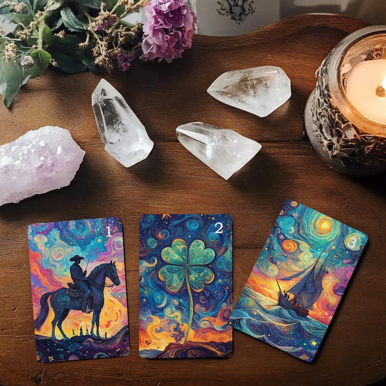 May include: Three tarot cards with colorful, abstract designs. The first card shows a person riding a horse, the second card shows a four-leaf clover, and the third card shows a ship sailing on the ocean.