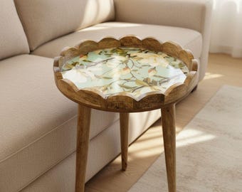 Handmade Mango Wood Side Table Scalloped Tray Top Magnolia Floral Resin Accent Bedstand