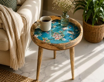 Handcrafted Mango Wood Side Table: Florence Enamel Accent