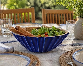 Handmade Mango Wood Salad Bowl with Servers – Ceramic Look Finish, Blue 12 Inch