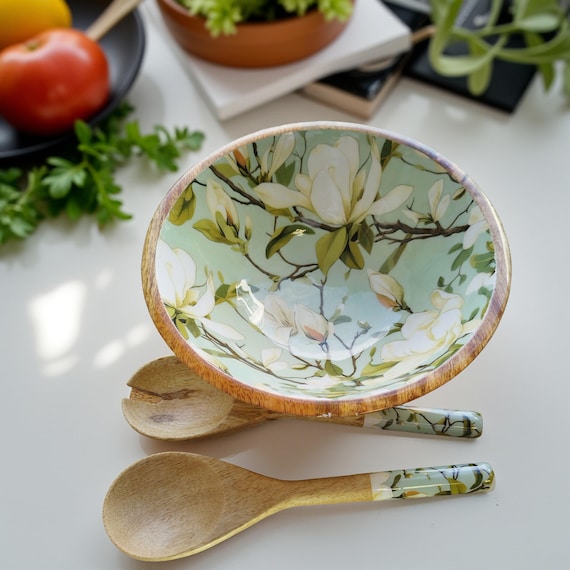 Hand turned wooden bowl with curated enamel print - Japanese Snowbell