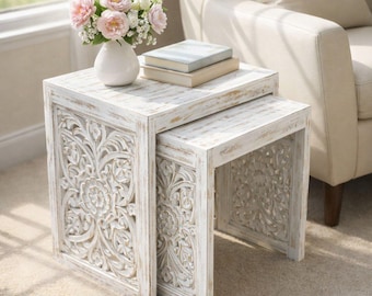 Set of 2 Nested End Tables, Mango Wood White Shabby Chic Rustic finish