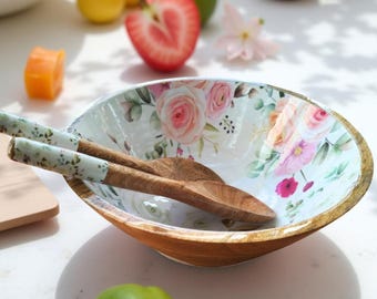 Hand turned wooden bowl set with matching spoons and curated enamel print - Liberty