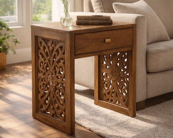 Hand Carved Mango Wood Bedside Table with Drawer, Boho Nightstand, Rustic Walnut Finish