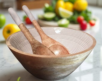 Handcrafted Mango Wood Bowl Set: Enamel Print, Matching Spoons