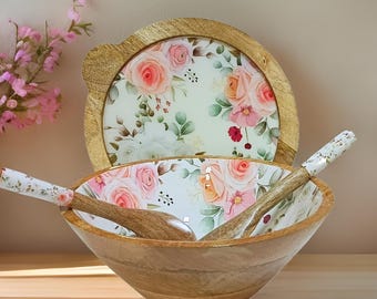 Hand turned wooden bowl set with matching spoons and curated enamel print - Liberty