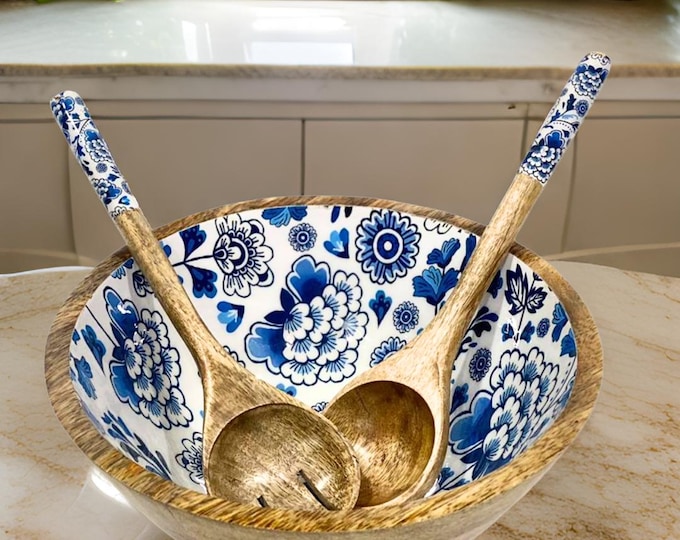 Hand turned wooden bowl with curated enamel print - Santorini